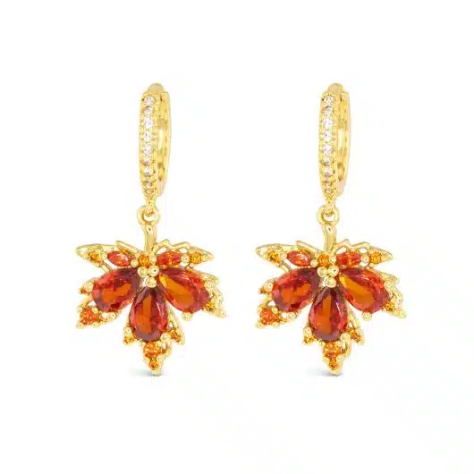 Gold CZ Orange Fall Leaf Earrings