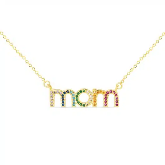 Gold CZ Multi Color 'mom' Necklace
