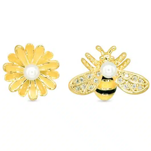Gold Pearl Flower and Bee Duo Earrings