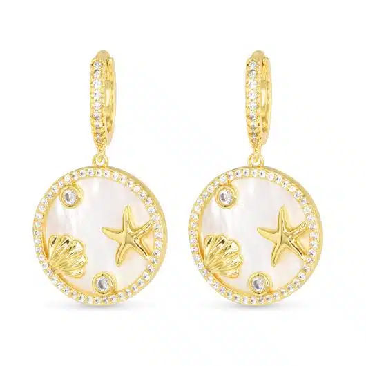 Gold CZ & MOP Coastal Disk Hoop Earrings