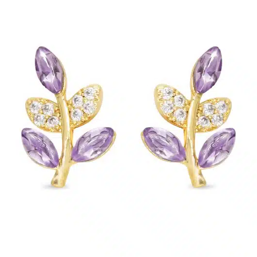 Gold CZ Lilac Leaf Earrings
