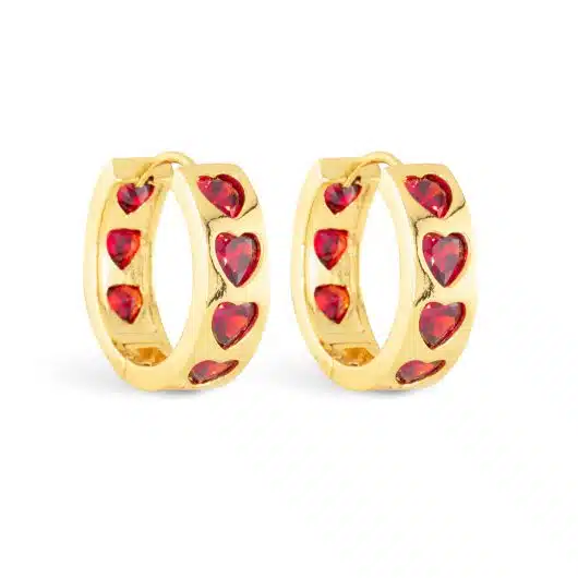 Gold CZ Red Heart Hoop Earring