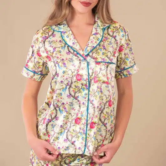Peacock Silky Satin Pajama Top | Green Silk Animal PJs