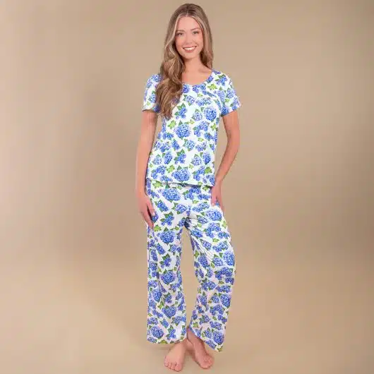 Blu Hydrangea Pajama Pants | Blue Flower PJ Bottoms - Image 3