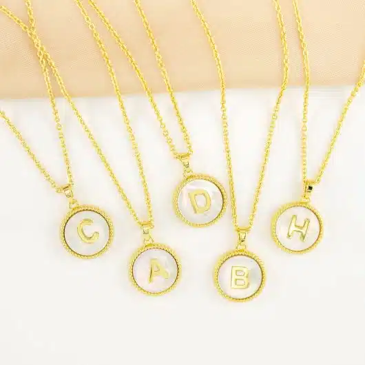 Gold Mother of Pearl Initial Necklaces | 18 Letters