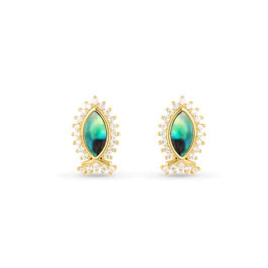 Gold Abalone & CZ Blue Fish Earrings
