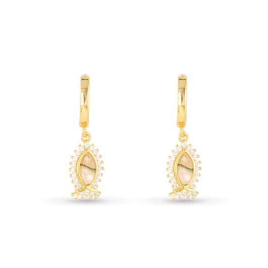 Gold Abalone & CZ Tan Fish Drop Earrings