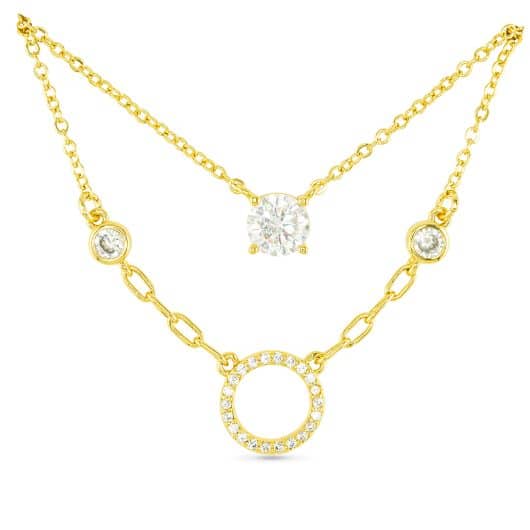 Gold CZ Dual Solitaire and Circle Necklace