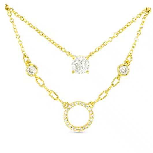 Gold CZ Dual Solitaire and Circle Necklace