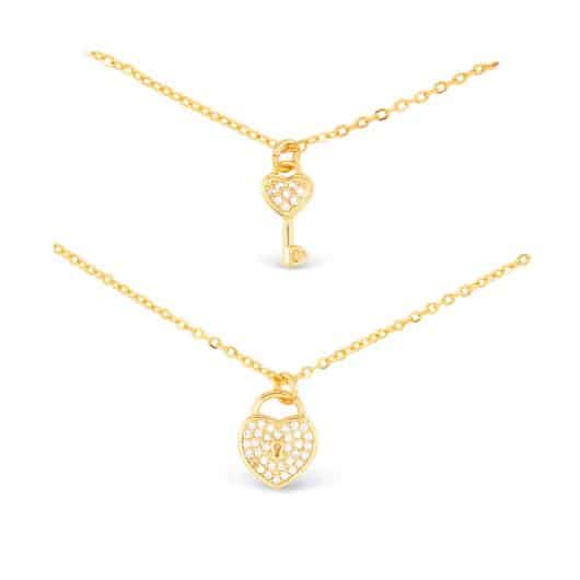 Gold CZ Dual Heart Lock Necklace
