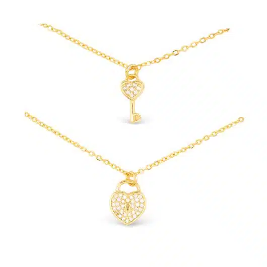 Gold CZ Dual Heart Lock Necklace