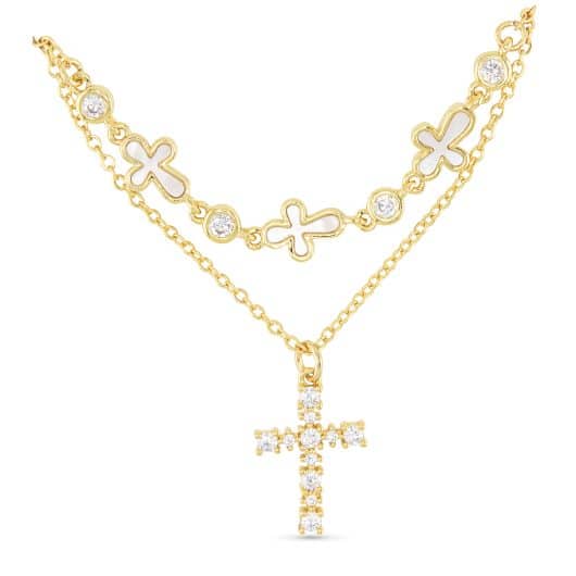Gold CZ & MOP Dual Crosses Necklace