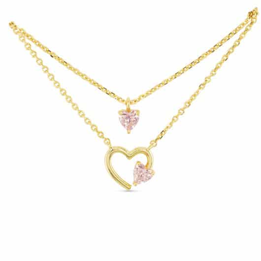 Gold CZ Dual Pink Heart Necklace