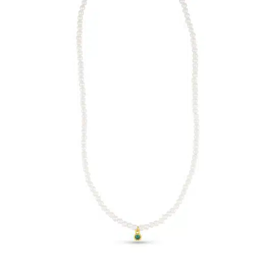 Gold Pearl Bead Emerald Mini Necklace