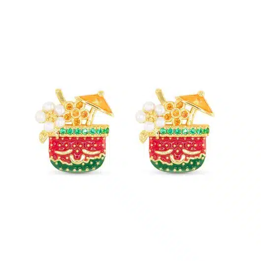 Gold Enamel Tropical Drink Earrings