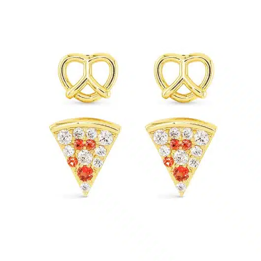 Gold CZ Pretzel Pizza Duo Earrings