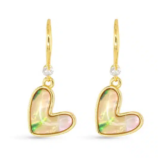 Gold Abalone Heart Drop Earrings - Image 2