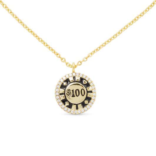 Gold CZ $100 Poker Chip Necklace