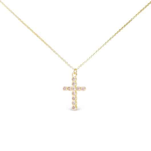 Gold CZ Round Set Pink Cross Necklace