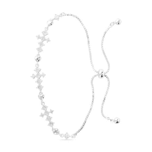 Silver CZ Cross and Heart Pull Cord Bracelet