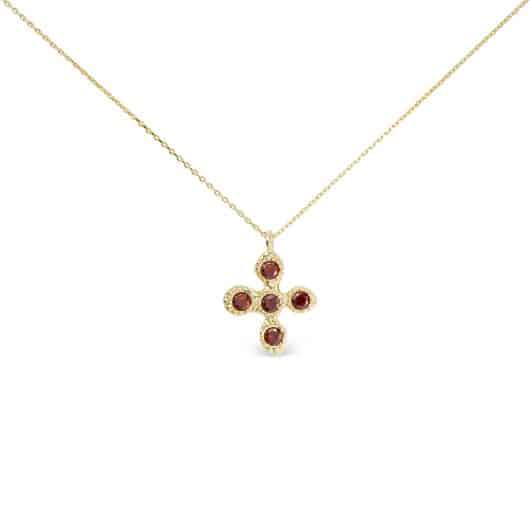 Gold 5 CZ Red Stone Cross Necklace