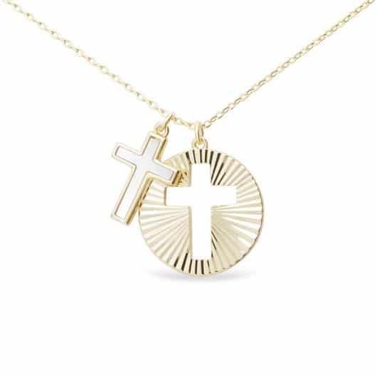Gold MOP Cross and Gold Disc Cutout Cross Pendant Necklace