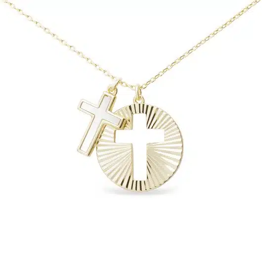 Gold MOP Cross and Gold Disc Cutout Cross Pendant Necklace