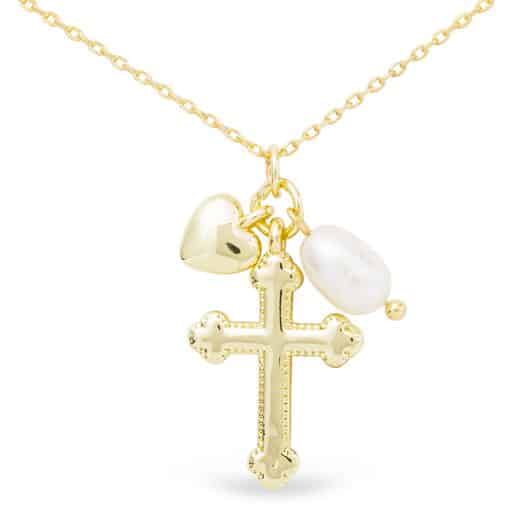 Gold Cross with Pearl and Heart Pendant Necklace