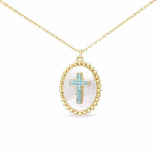 Gold CZ MOP Oval Blue Cross Necklace