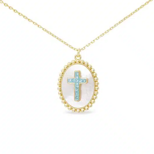Gold CZ MOP Oval Blue Cross Necklace