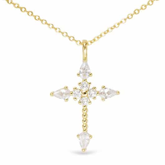 Gold CZ Pear Shape Stone Cross Necklace