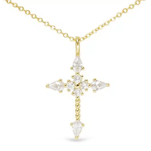 Gold CZ Pear Shape Stone Cross Necklace
