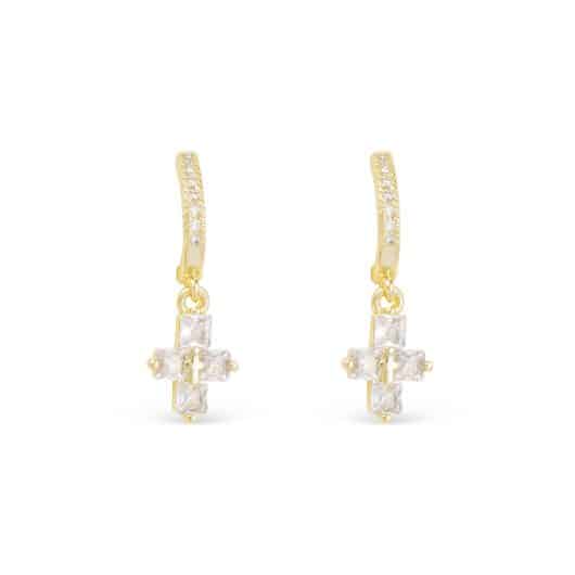 Gold CZ Hoop Small Baguette Cross Drop Earrings