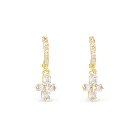 Gold CZ Hoop Small Baguette Cross Drop Earrings