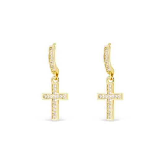 Gold CZ Hoop Framed Cross Drop Earrings