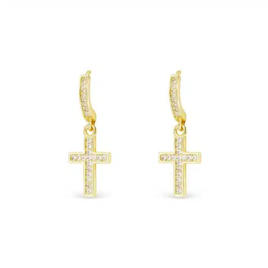 Gold CZ Hoop Framed Cross Drop Earrings
