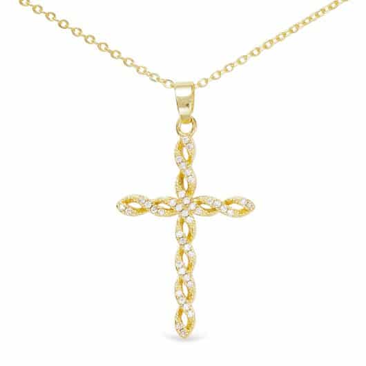 Gold CZ Twist Large Cross Necklace