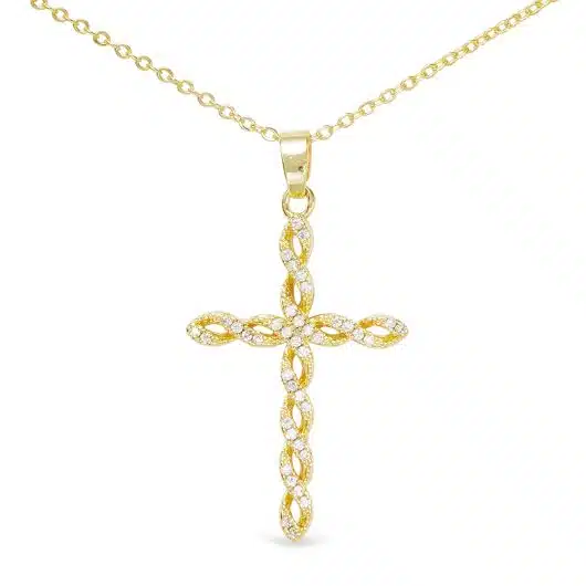Gold CZ Twist Large Cross Necklace