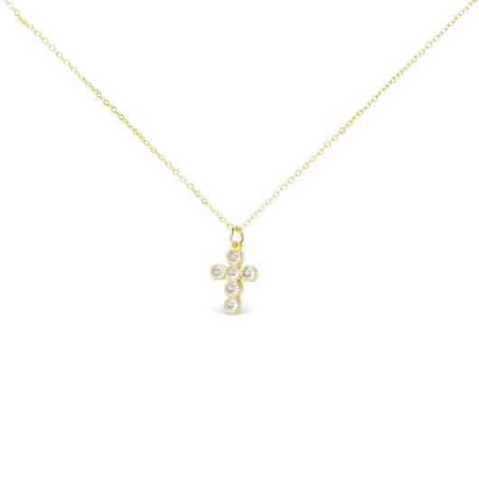Gold CZ Small Round Set Cross Necklace