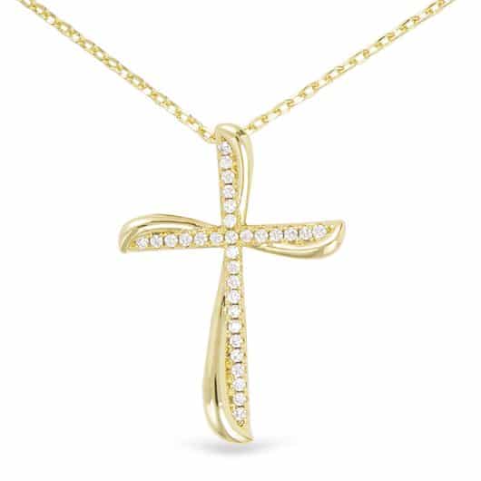 Gold CZ Twist Tipped Medium Cross Necklace