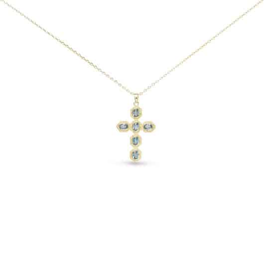 Gold CZ Vintage Blue Cross Necklace