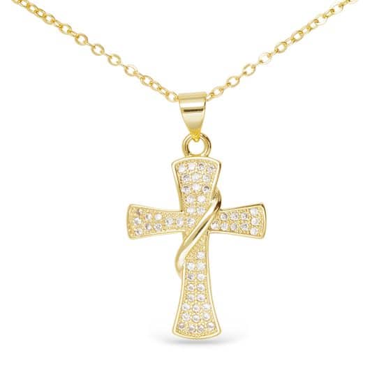 Gold CZ Classic Banner Cross Necklace