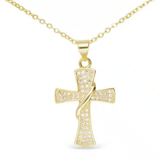 Gold CZ Classic Banner Cross Necklace