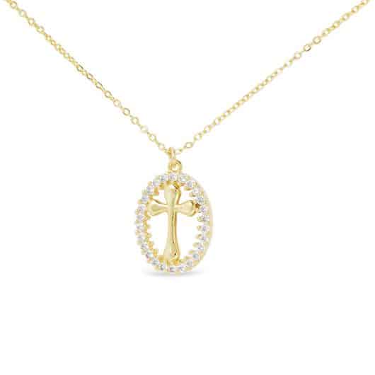 Gold CZ Oval Cross Pendant Necklace
