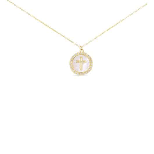 Gold CZ MOP Round Cross Pendant Necklace