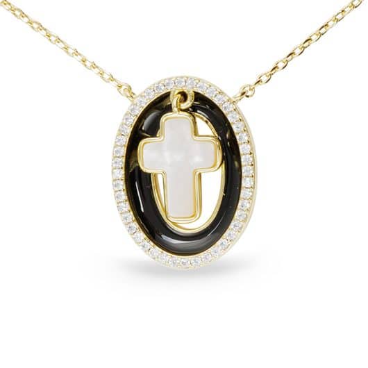 Gold CZ MOP Black Framed Classical Cross Necklace