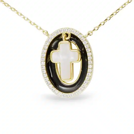 Gold CZ MOP Black Framed Classical Cross Necklace