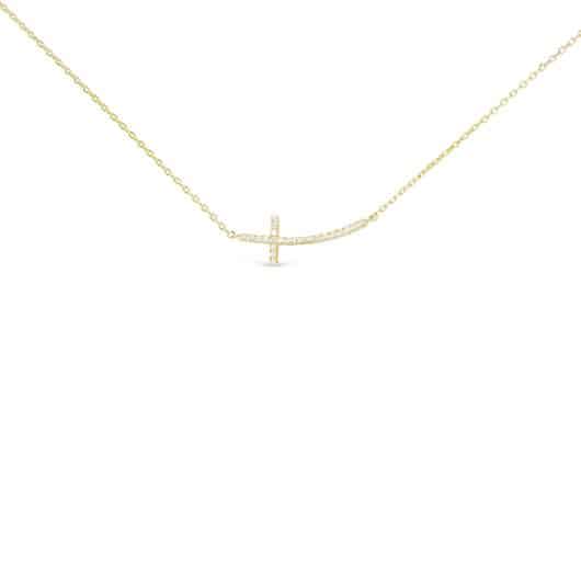 Gold CZ Curved Laying Cross Necklace