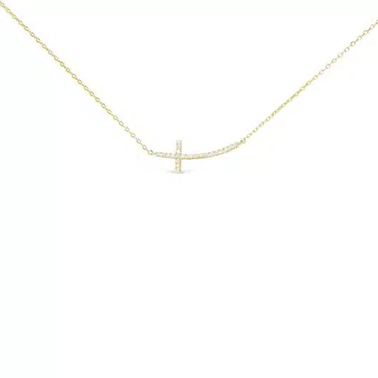 Gold CZ Curved Laying Cross Necklace