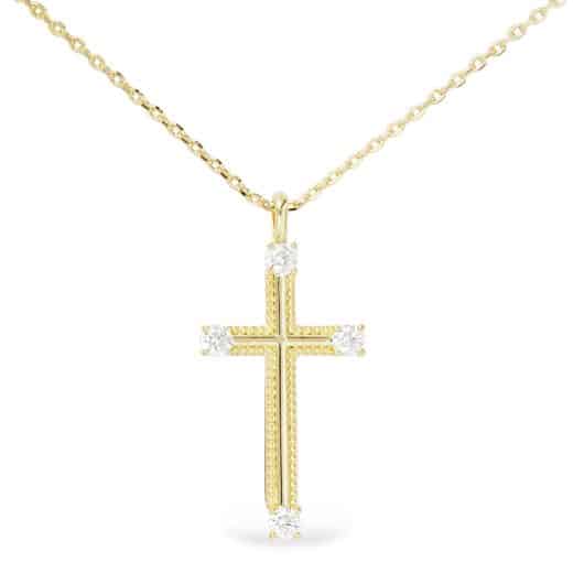 Gold CZ Tipped Texture Detail Cross Necklace